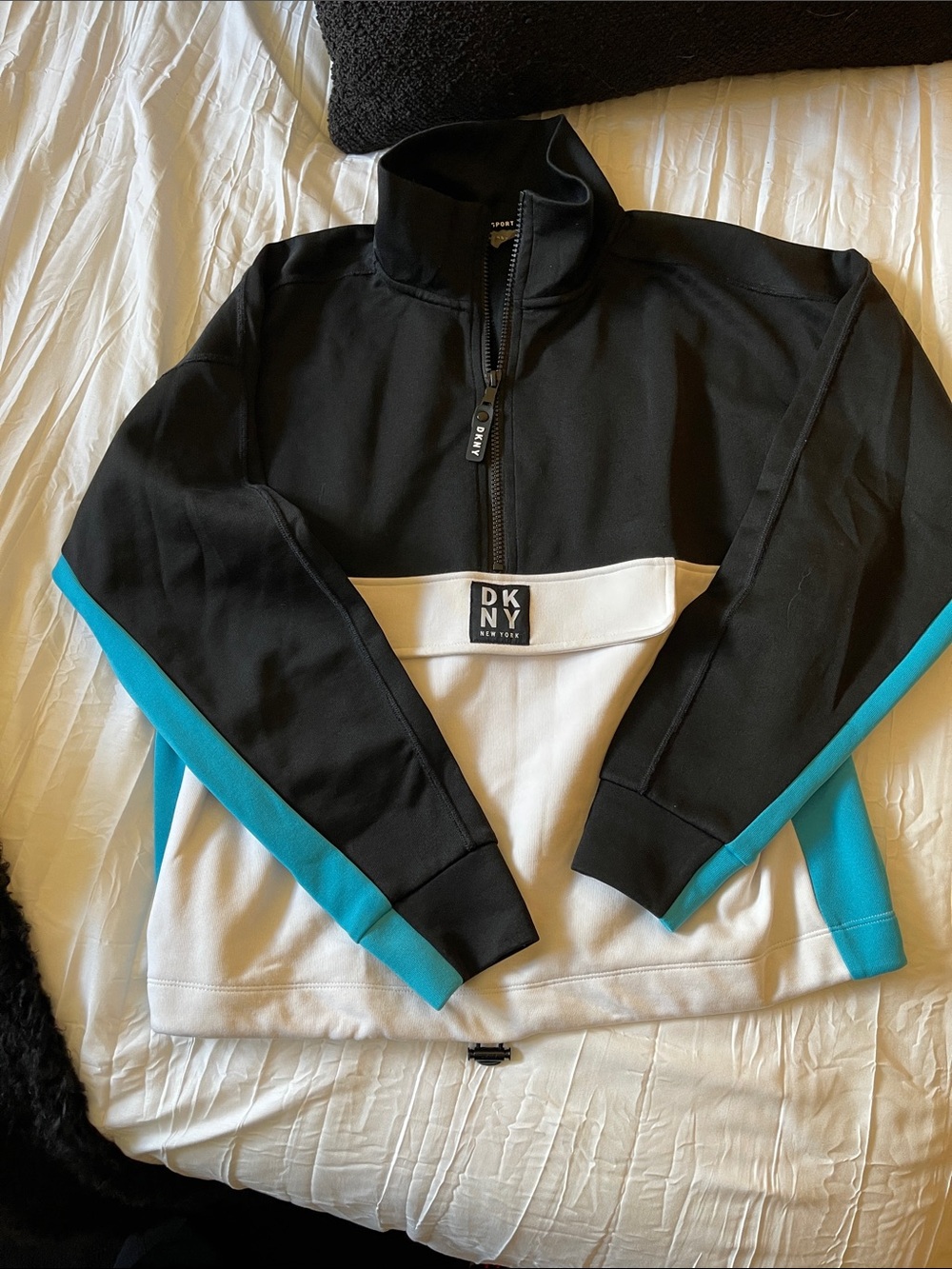 DKNY Black, White & Teal Colorblock Quarter-Zip Pullover
